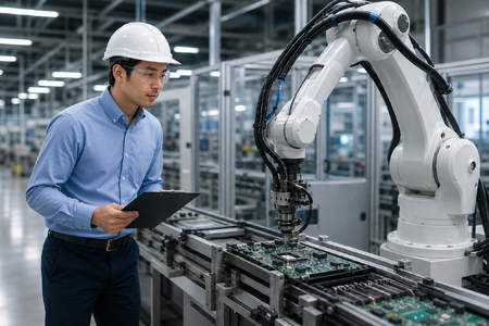 Asian Worker Observing Robot Assembly Line-1