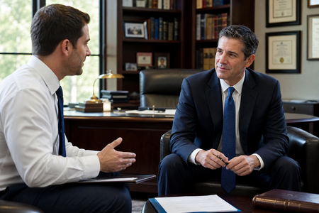 Business Broker Discussing With an Attorney at a Law Firm Office