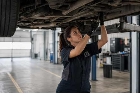 Woman Mechanic Working on Lifted Vehicle Underbody-1